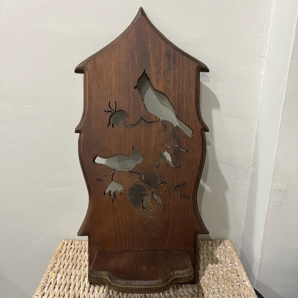 Vintage Carved Wood Scroll Saw Cut-Out Wall Hanging Cardinal Flower Shelf Boho
